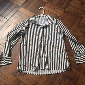 Black and white striped flower pattern button down